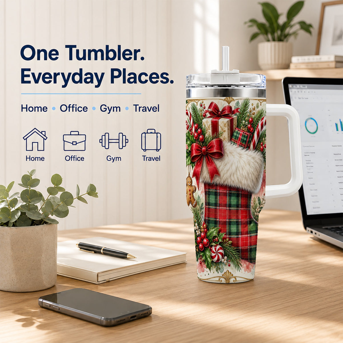 Plaid Stocking 40oz Tumbler, Holiday Stainless Steel Travel Cup
