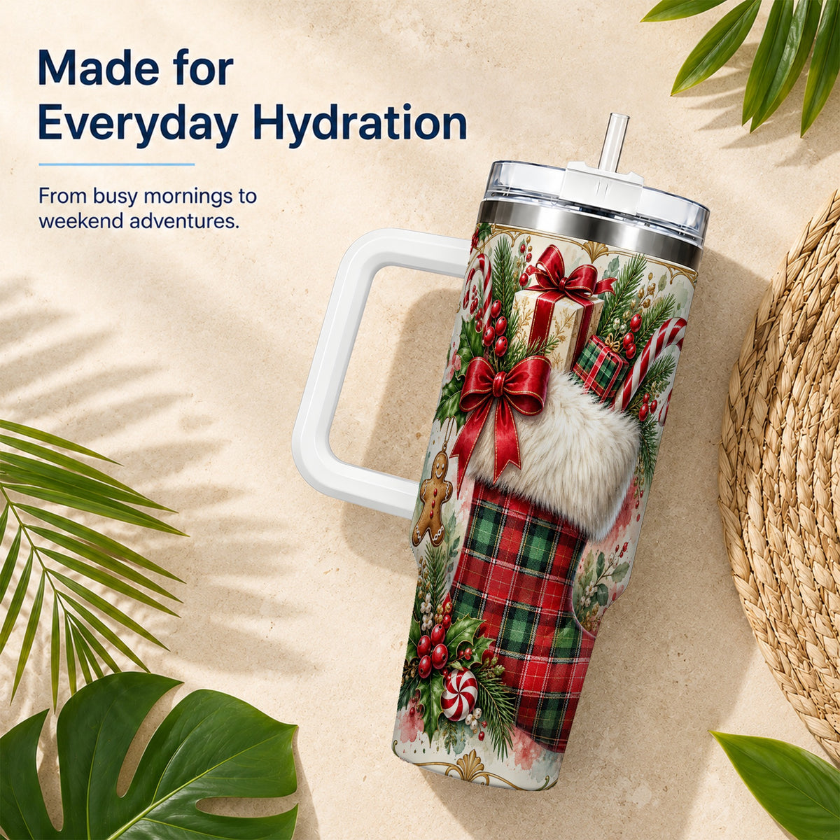 Plaid Stocking 40oz Tumbler, Holiday Stainless Steel Travel Cup
