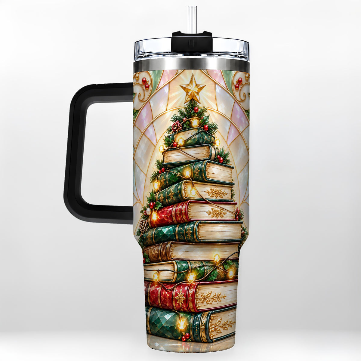 #pl[40oz|Black] Christmas Book Tree 40oz Tumbler with Handle, Holiday Travel Cup
