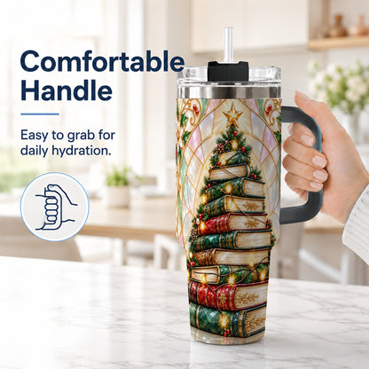 #pl[40oz|Black] Christmas Book Tree 40oz Tumbler with Handle, Holiday Travel Cup