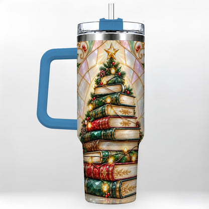 #pl[40oz|Blue] Christmas Book Tree 40oz Tumbler with Handle, Holiday Travel Cup
