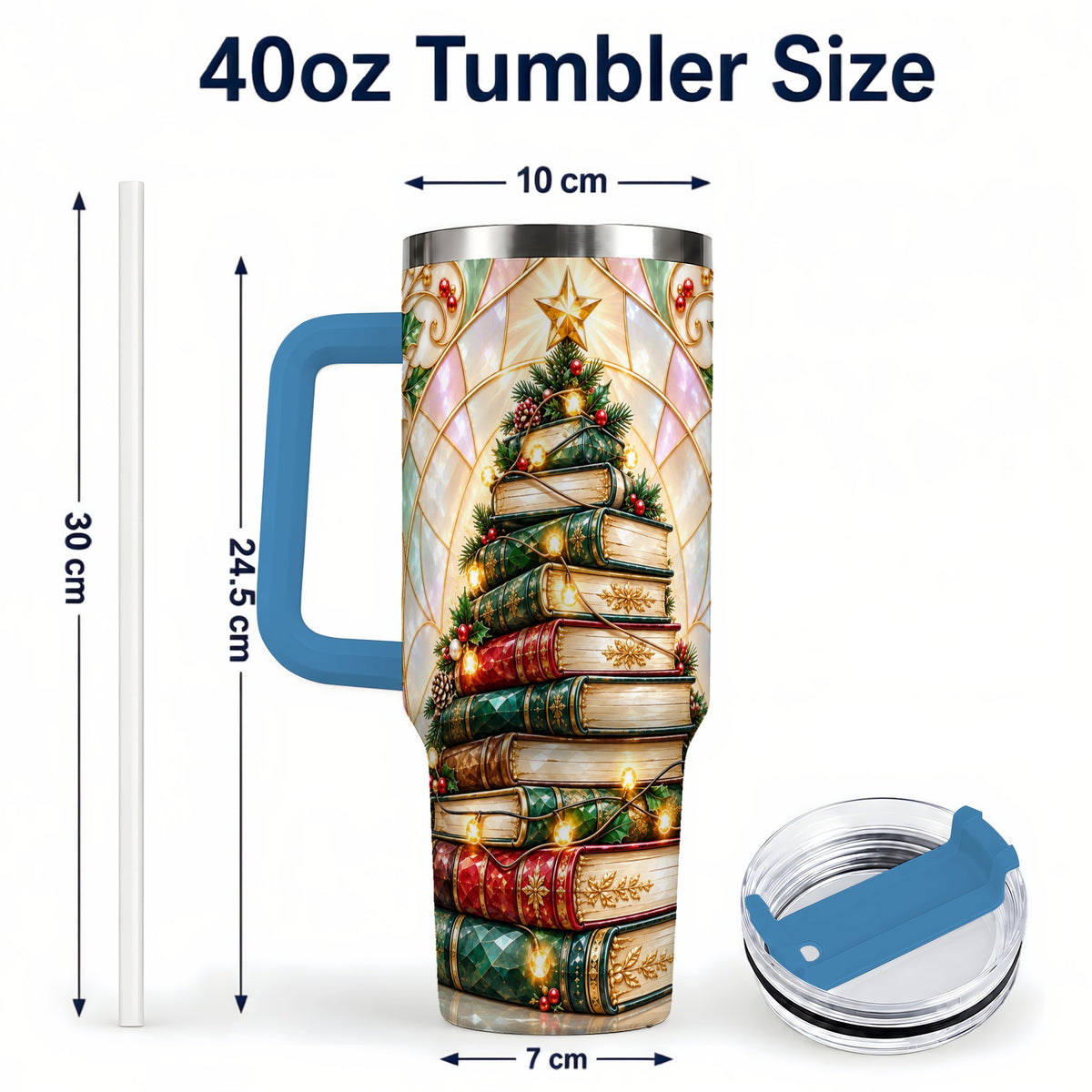 #pl[40oz|Blue] Christmas Book Tree 40oz Tumbler with Handle, Holiday Travel Cup