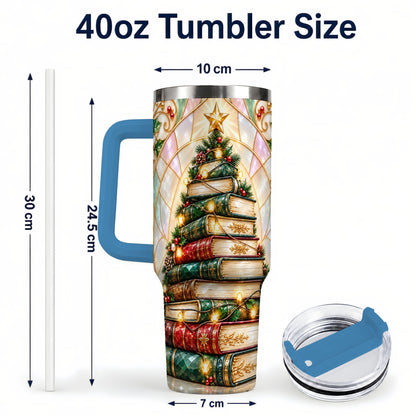 #pl[40oz|Blue] Christmas Book Tree 40oz Tumbler with Handle, Holiday Travel Cup