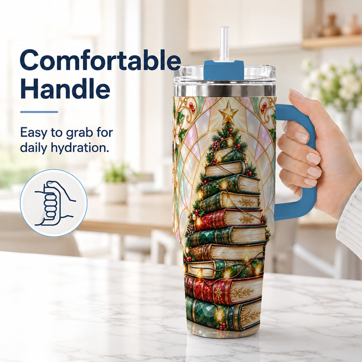 #pl[40oz|Blue] Christmas Book Tree 40oz Tumbler with Handle, Holiday Travel Cup