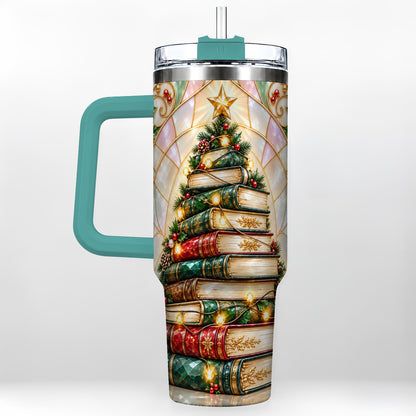 #pl[40oz|Green] Christmas Book Tree 40oz Tumbler with Handle, Holiday Travel Cup