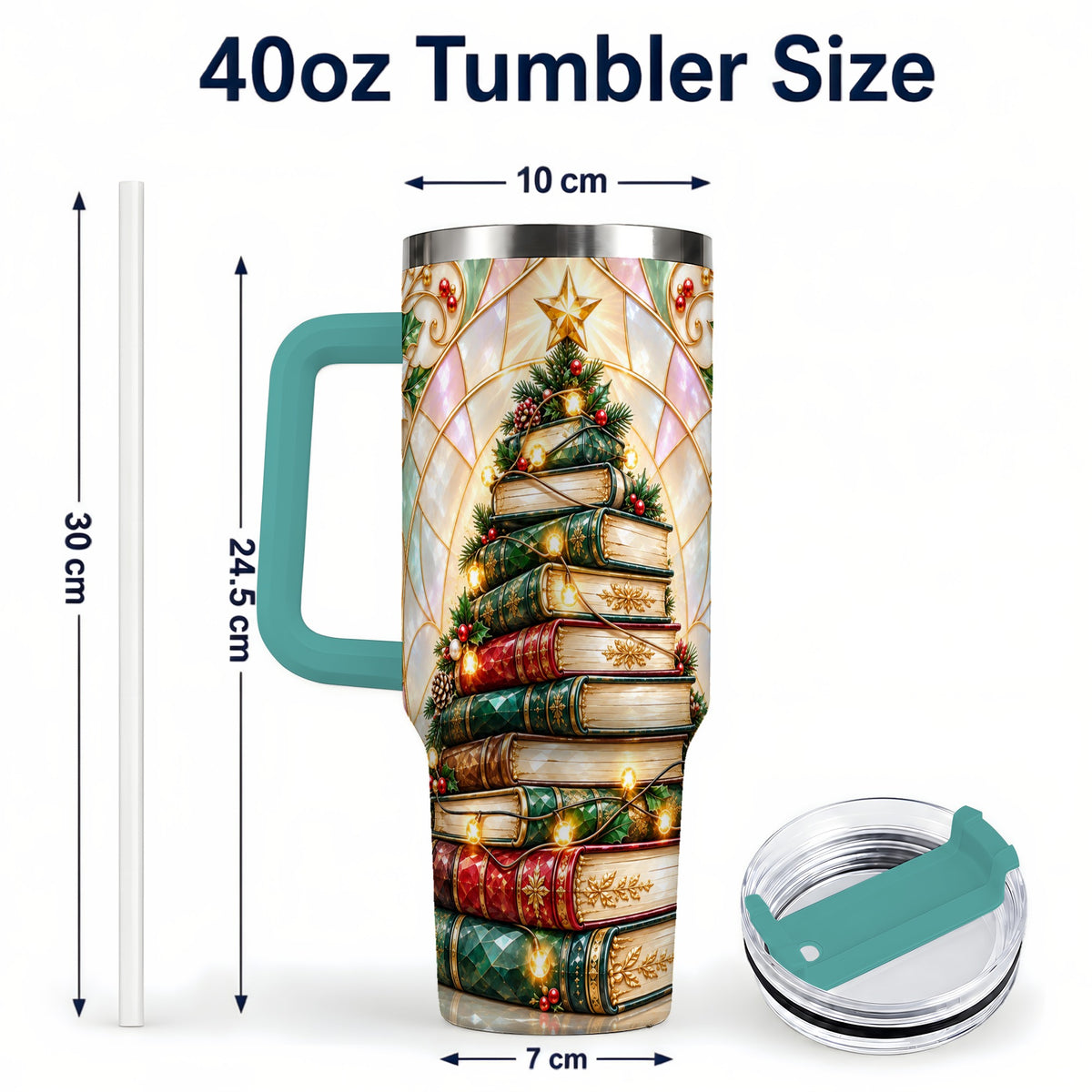 #pl[40oz|Green] Christmas Book Tree 40oz Tumbler with Handle, Holiday Travel Cup
