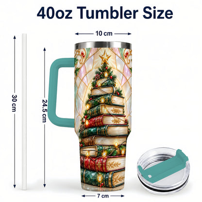 #pl[40oz|Green] Christmas Book Tree 40oz Tumbler with Handle, Holiday Travel Cup