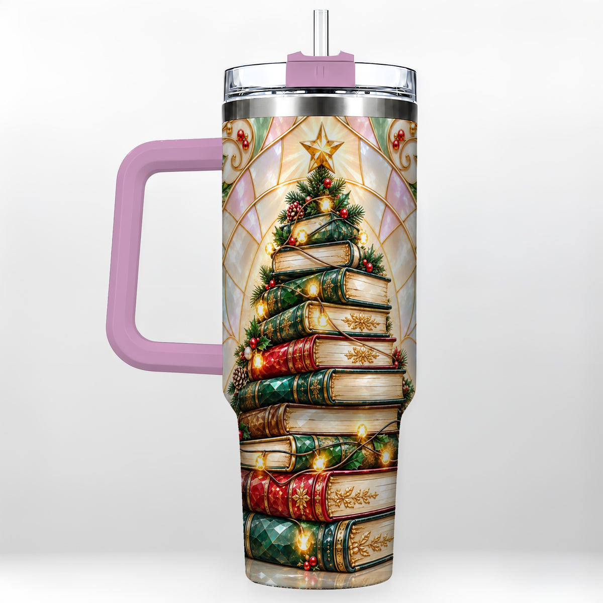 #pl[40oz|Pink] Christmas Book Tree 40oz Tumbler with Handle, Holiday Travel Cup