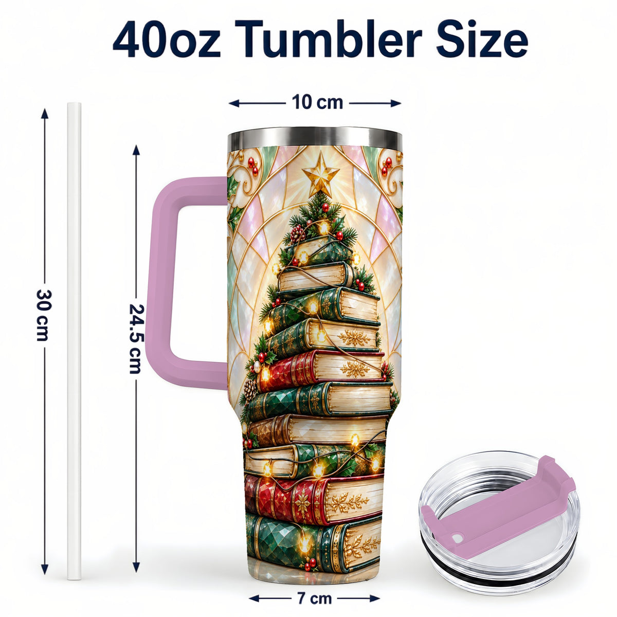 #pl[40oz|Pink] Christmas Book Tree 40oz Tumbler with Handle, Holiday Travel Cup