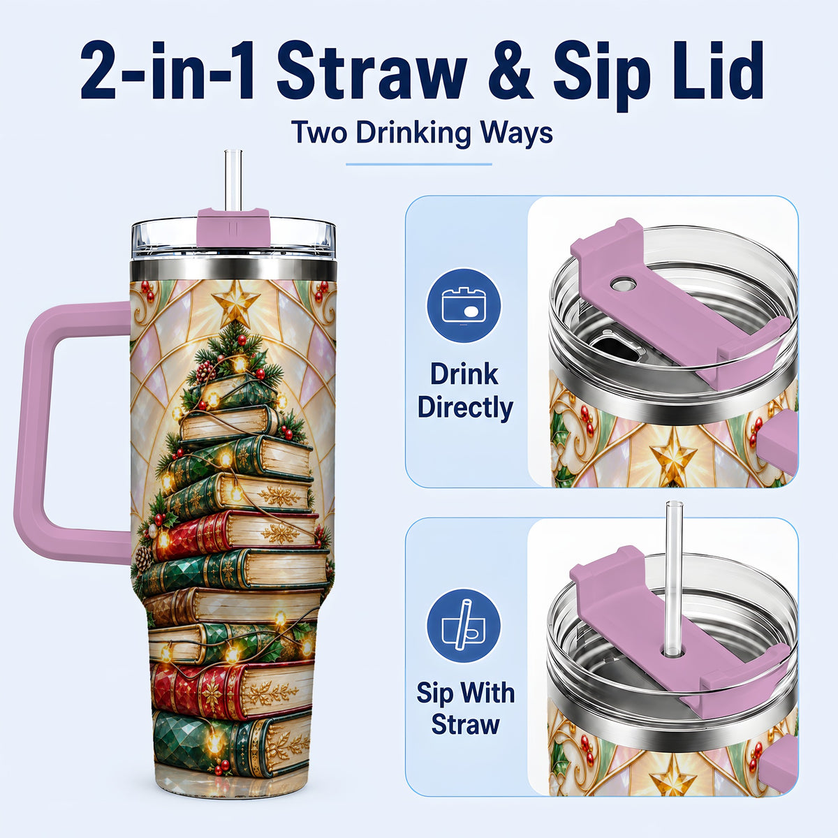 #pl[40oz|Pink] Christmas Book Tree 40oz Tumbler with Handle, Holiday Travel Cup