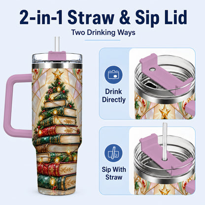 #pl[40oz|Pink] Christmas Book Tree 40oz Tumbler with Handle, Holiday Travel Cup