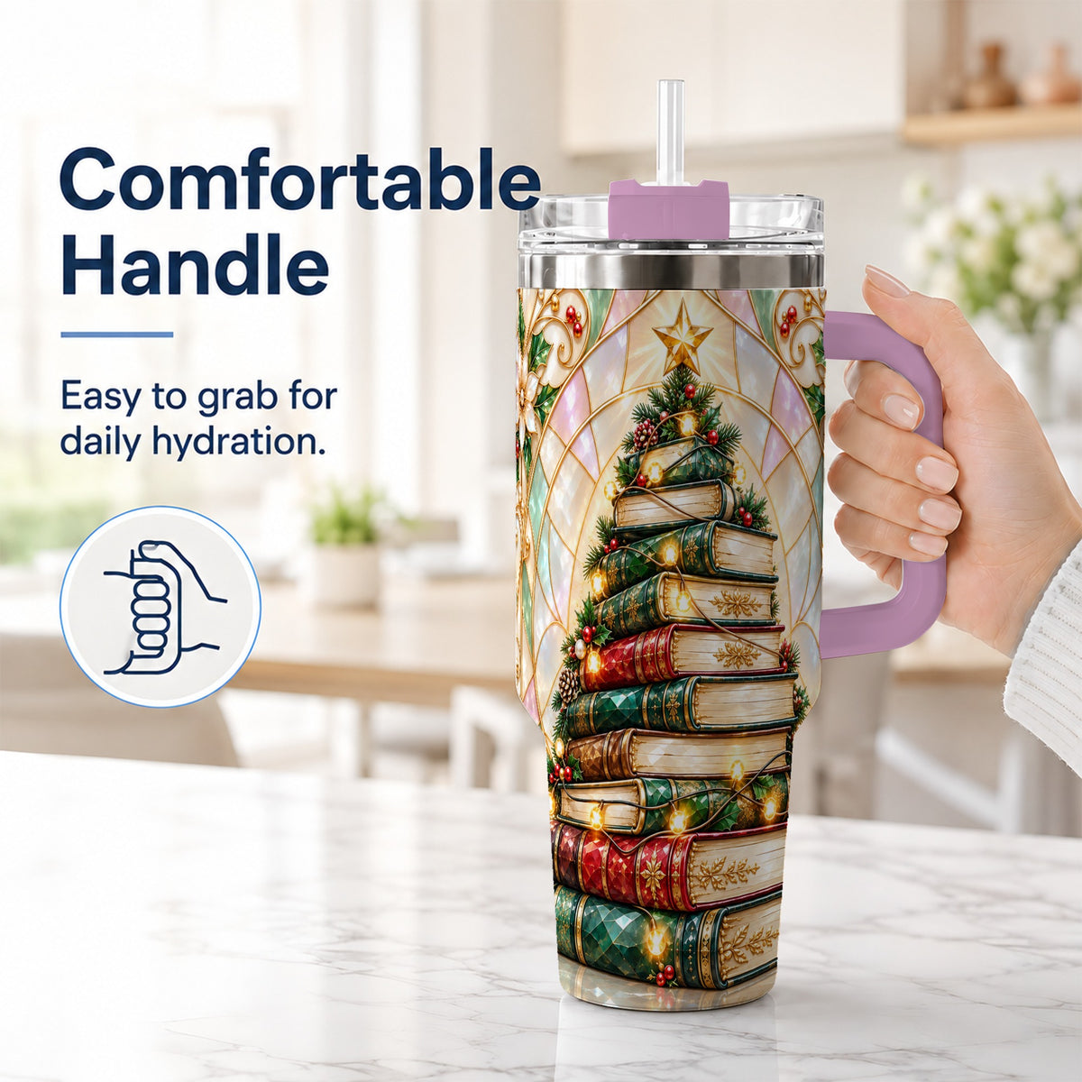 #pl[40oz|Pink] Christmas Book Tree 40oz Tumbler with Handle, Holiday Travel Cup