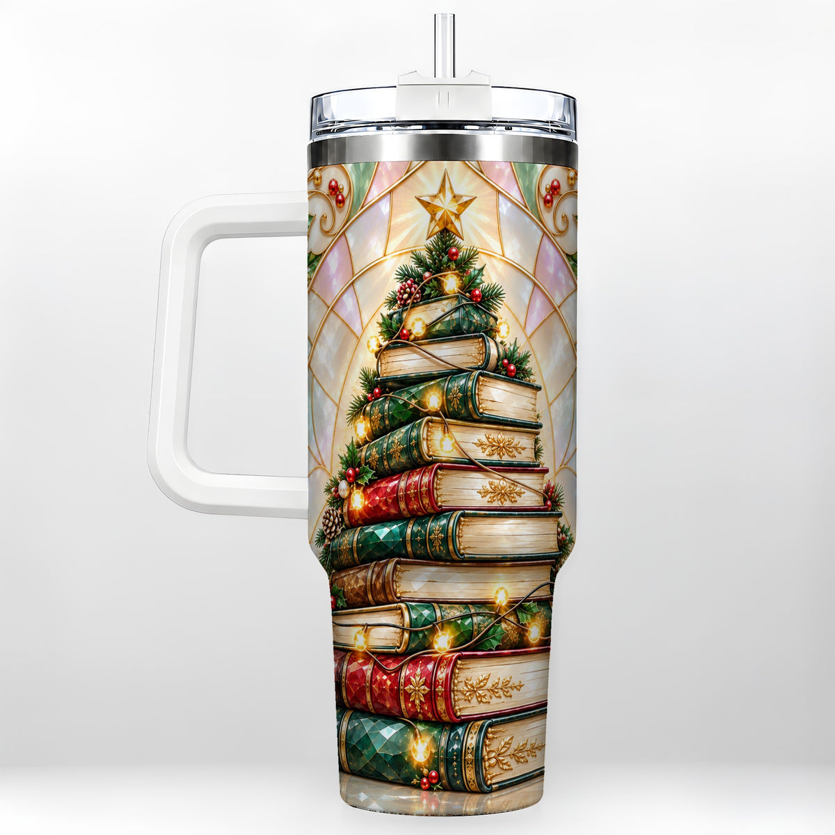 Christmas Book Tree 40oz Tumbler with Handle, Holiday Travel Cup