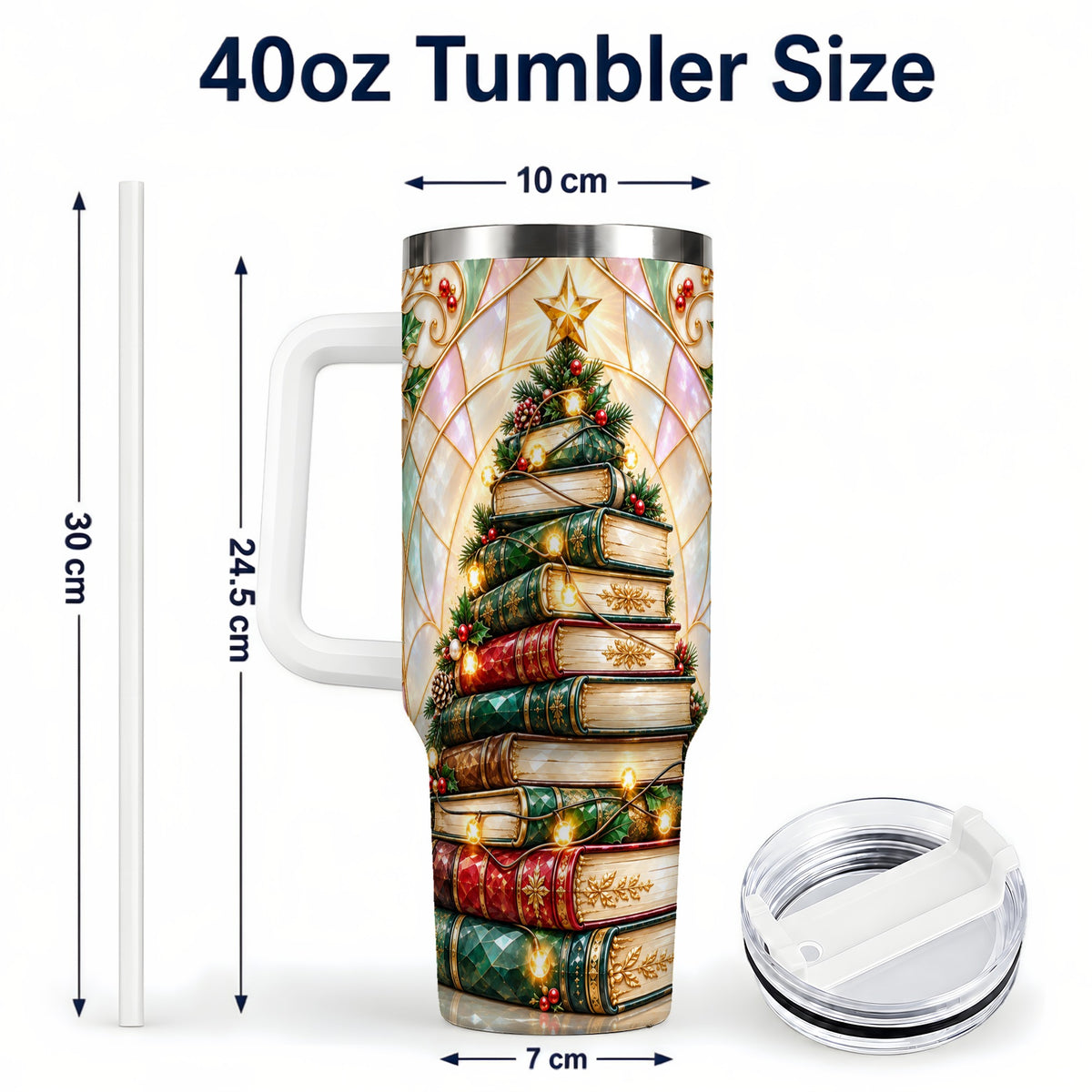 #pl[40oz|White] Christmas Book Tree 40oz Tumbler with Handle, Holiday Travel Cup