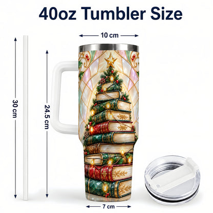 #pl[40oz|White] Christmas Book Tree 40oz Tumbler with Handle, Holiday Travel Cup