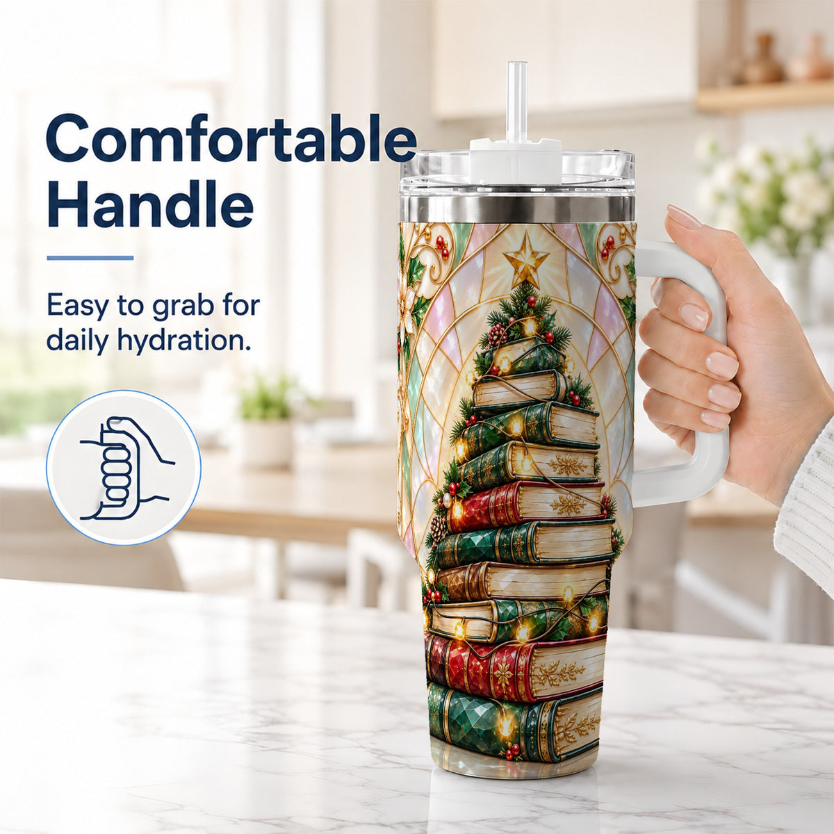#pl[40oz|White] Christmas Book Tree 40oz Tumbler with Handle, Holiday Travel Cup