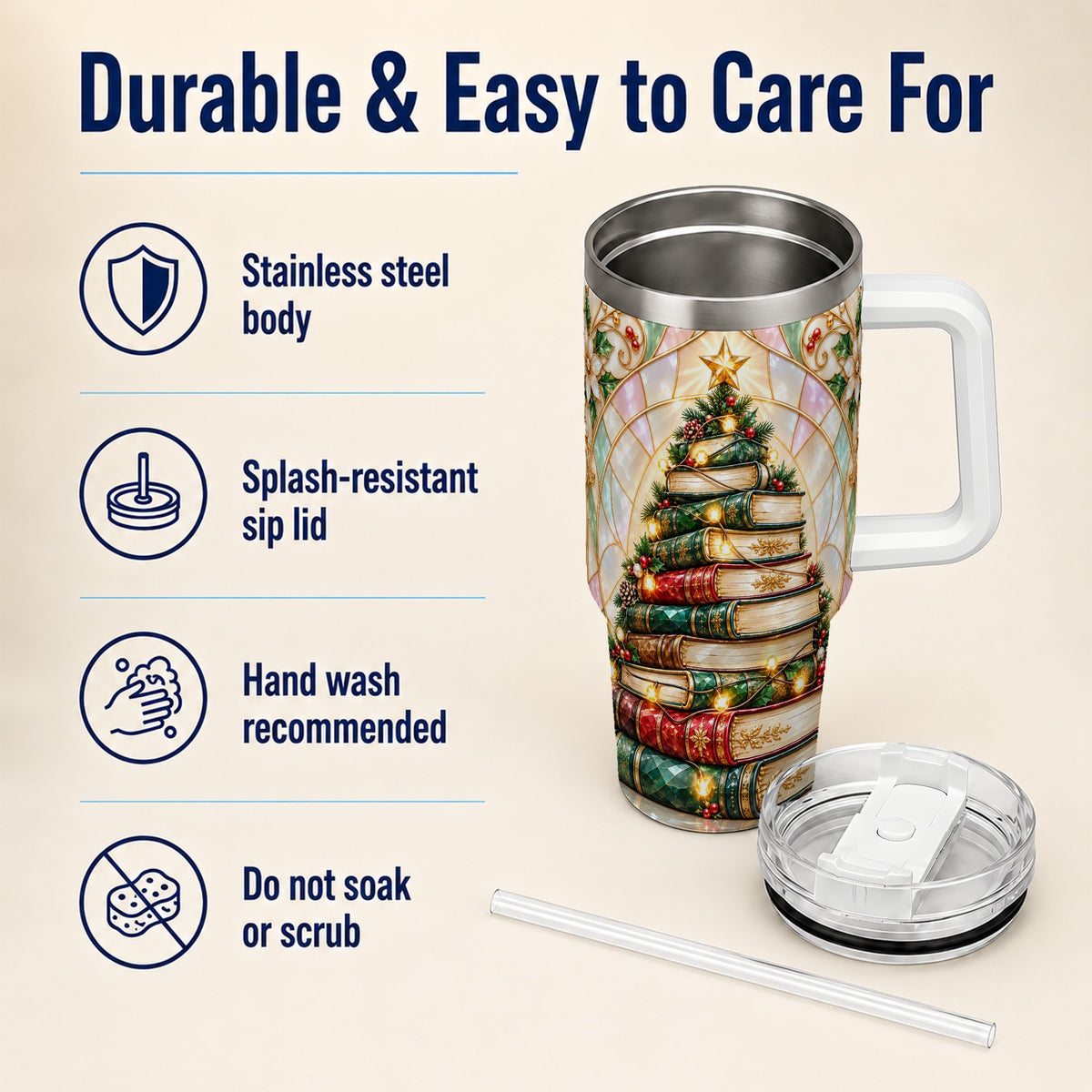 Christmas Book Tree 40oz Tumbler with Handle, Holiday Travel Cup