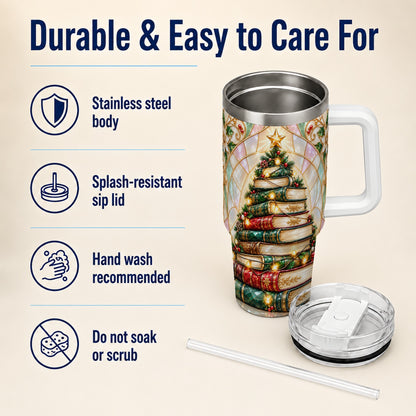 Christmas Book Tree 40oz Tumbler with Handle, Holiday Travel Cup