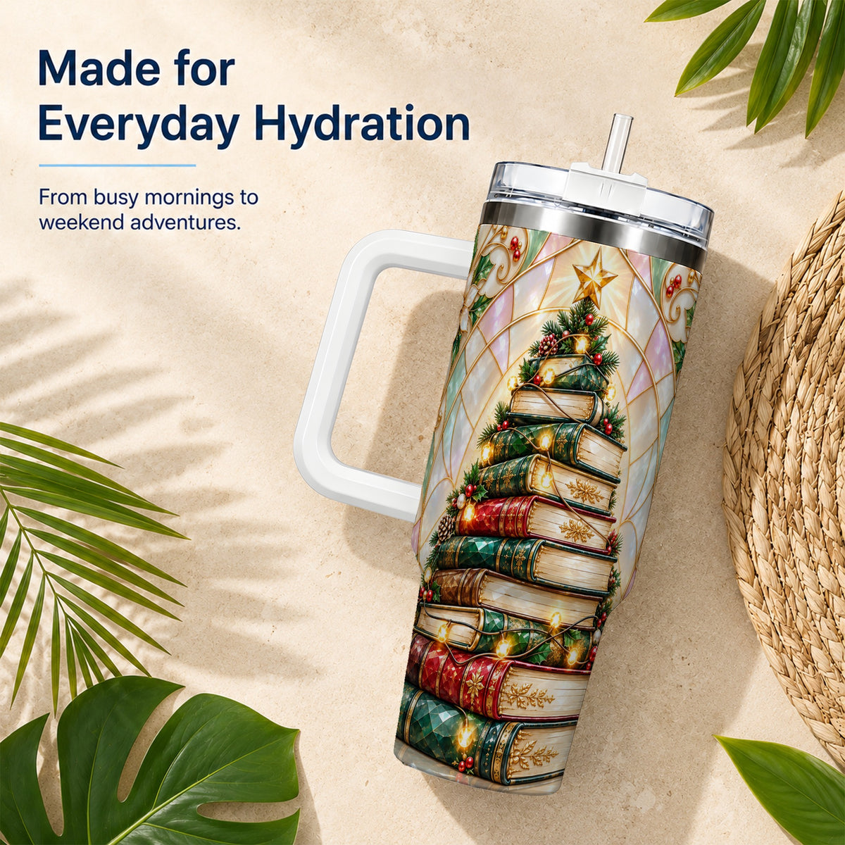 Christmas Book Tree 40oz Tumbler with Handle, Holiday Travel Cup