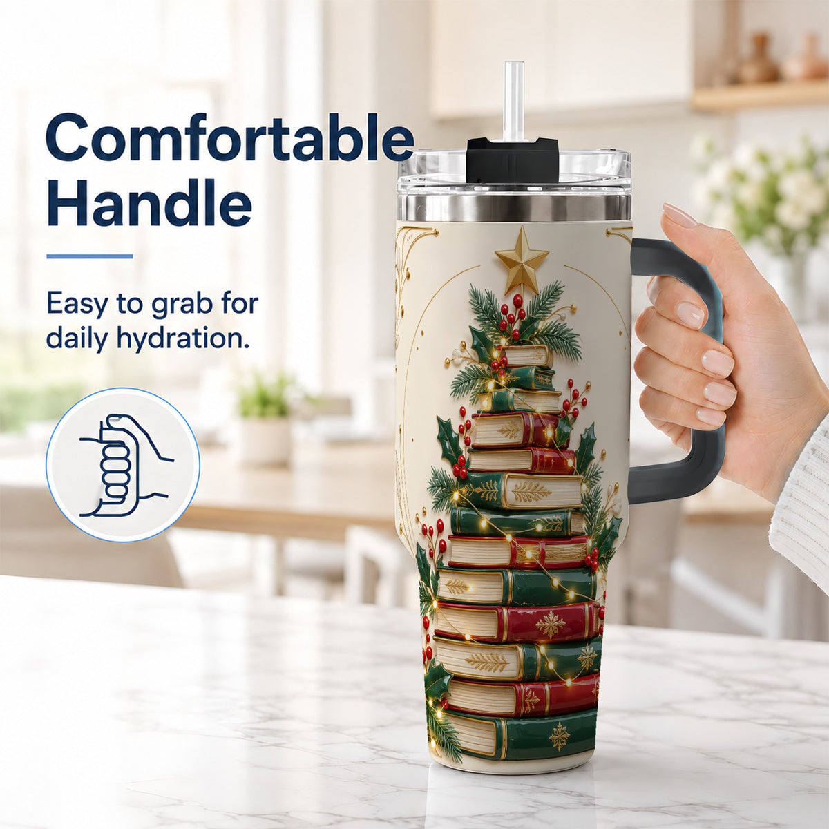 #pl[40oz|Black] Stacked Books 40oz Tumbler with Handle, Christmas Reading Travel Cup