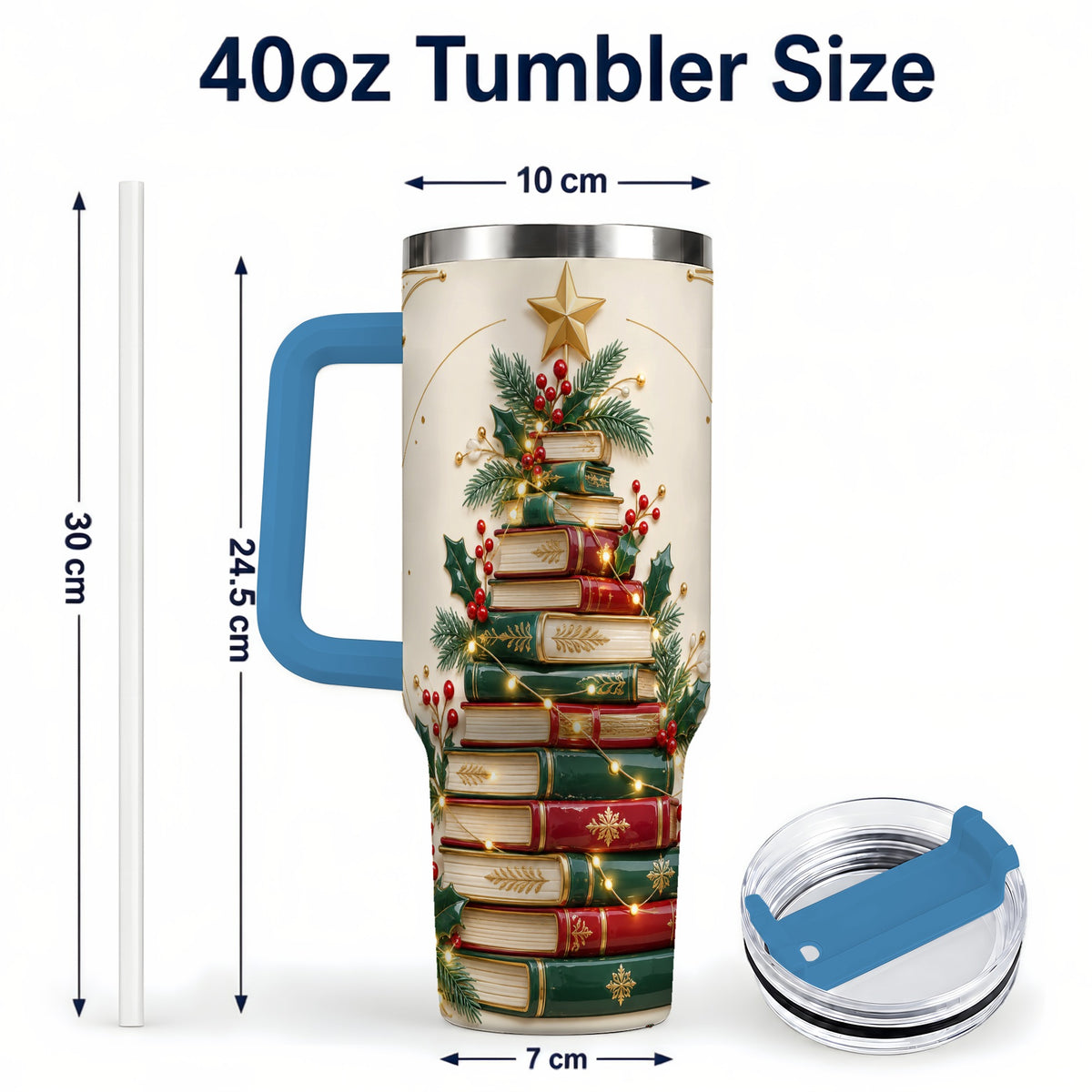 #pl[40oz|Blue] Stacked Books 40oz Tumbler with Handle, Christmas Reading Travel Cup