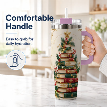 #pl[40oz|Pink] Stacked Books 40oz Tumbler with Handle, Christmas Reading Travel Cup