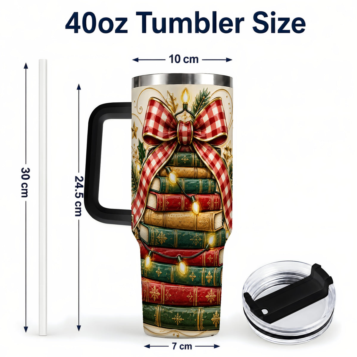 #pl[40oz|Black] Christmas Book Bow 40oz Tumbler with Handle, Reading Travel Cup