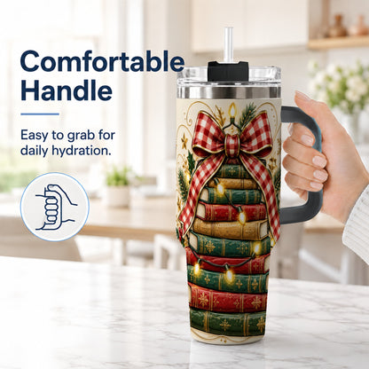 #pl[40oz|Black] Christmas Book Bow 40oz Tumbler with Handle, Reading Travel Cup