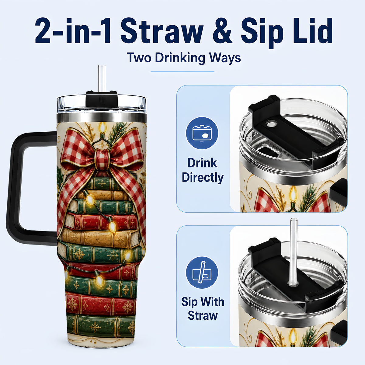 #pl[40oz|Black] Christmas Book Bow 40oz Tumbler with Handle, Reading Travel Cup