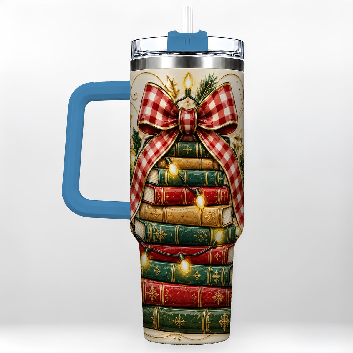 #pl[40oz|Blue] Christmas Book Bow 40oz Tumbler with Handle, Reading Travel Cup