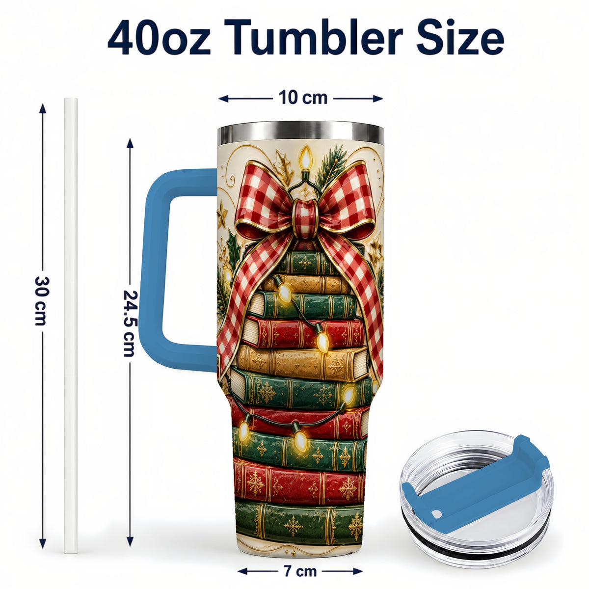 #pl[40oz|Blue] Christmas Book Bow 40oz Tumbler with Handle, Reading Travel Cup