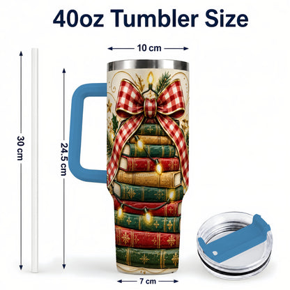 #pl[40oz|Blue] Christmas Book Bow 40oz Tumbler with Handle, Reading Travel Cup
