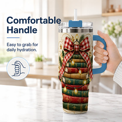 #pl[40oz|Blue] Christmas Book Bow 40oz Tumbler with Handle, Reading Travel Cup