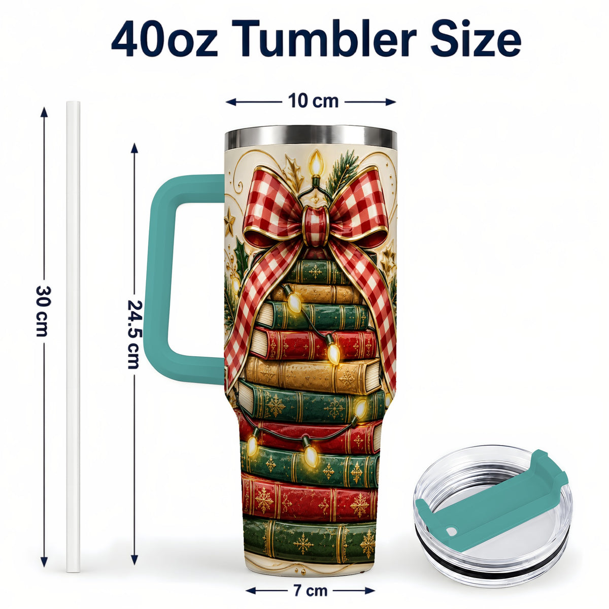 #pl[40oz|Green] Christmas Book Bow 40oz Tumbler with Handle, Reading Travel Cup