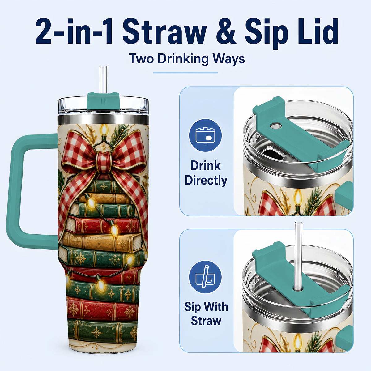 #pl[40oz|Green] Christmas Book Bow 40oz Tumbler with Handle, Reading Travel Cup