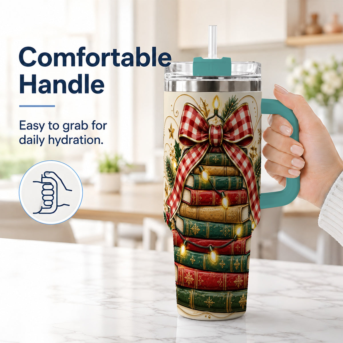 #pl[40oz|Green] Christmas Book Bow 40oz Tumbler with Handle, Reading Travel Cup