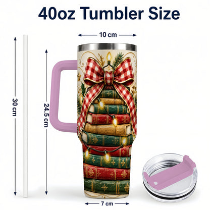 #pl[40oz|Pink] Christmas Book Bow 40oz Tumbler with Handle, Reading Travel Cup