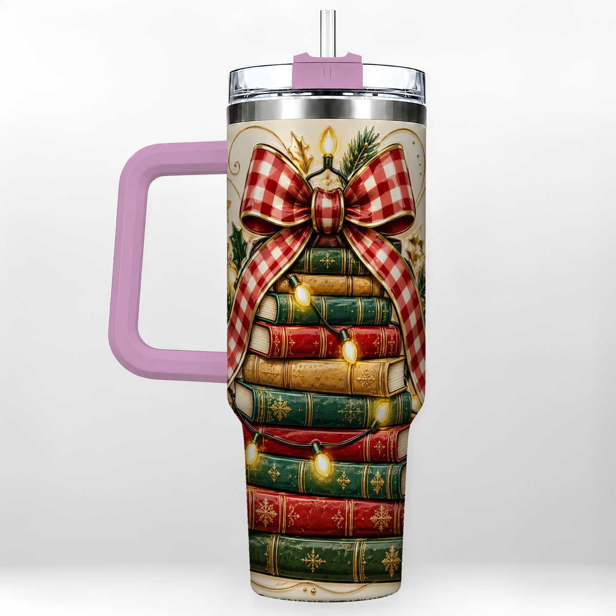 #pl[40oz|Pink] Christmas Book Bow 40oz Tumbler with Handle, Reading Travel Cup