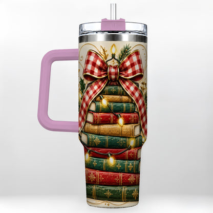 #pl[40oz|Pink] Christmas Book Bow 40oz Tumbler with Handle, Reading Travel Cup