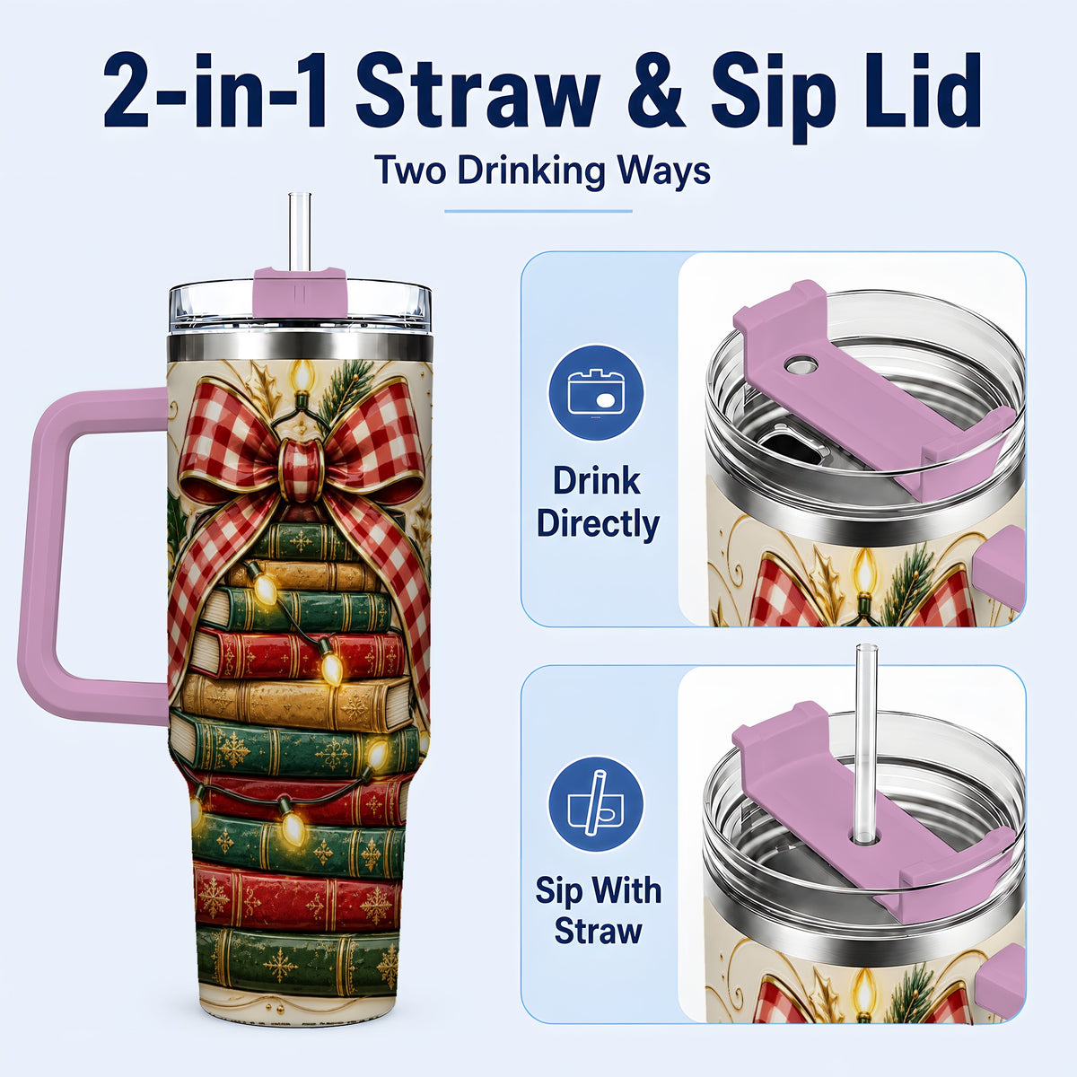 #pl[40oz|Pink] Christmas Book Bow 40oz Tumbler with Handle, Reading Travel Cup