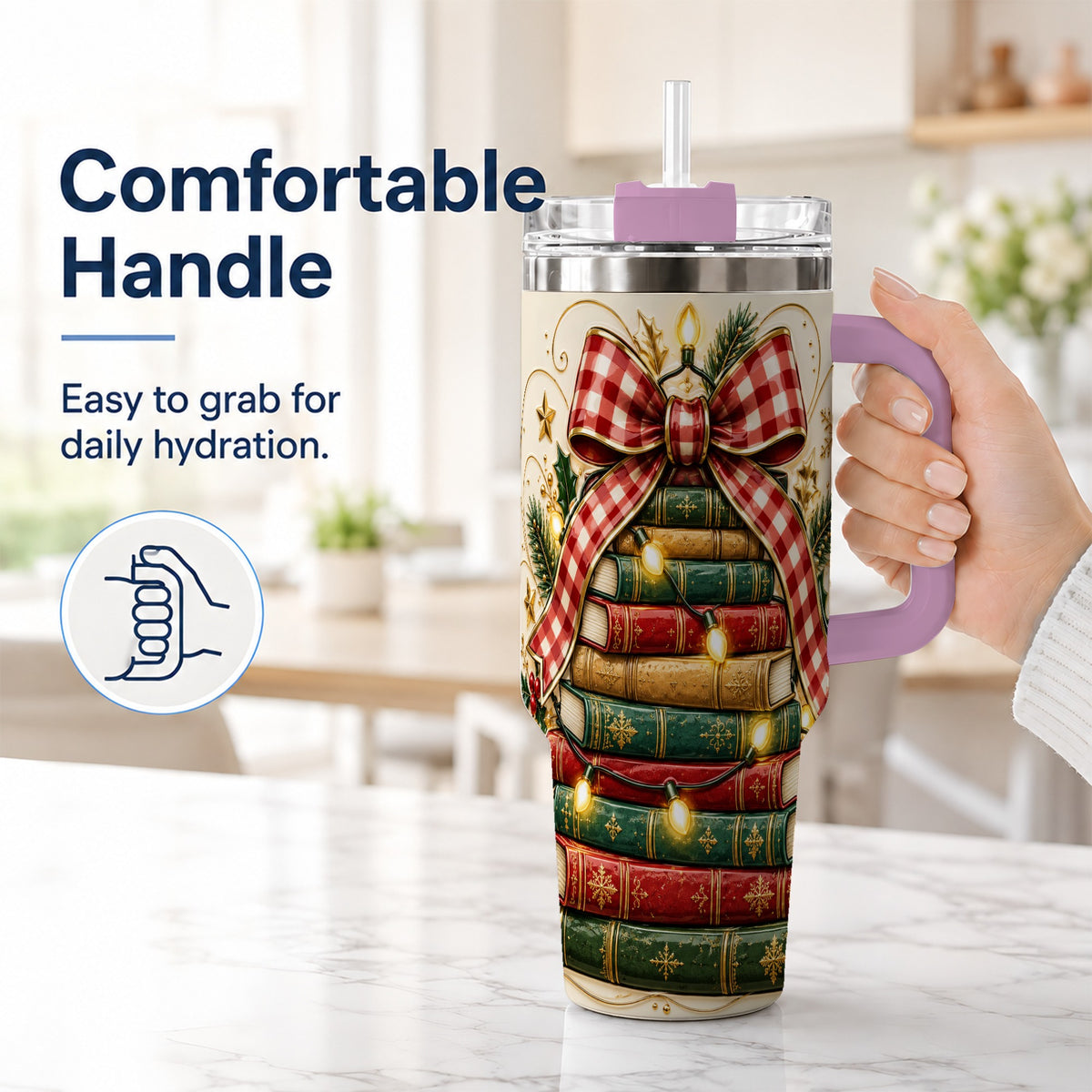 #pl[40oz|Pink] Christmas Book Bow 40oz Tumbler with Handle, Reading Travel Cup