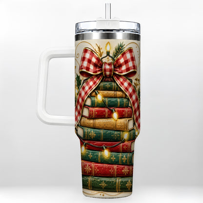 Christmas Book Bow 40oz Tumbler with Handle, Reading Travel Cup