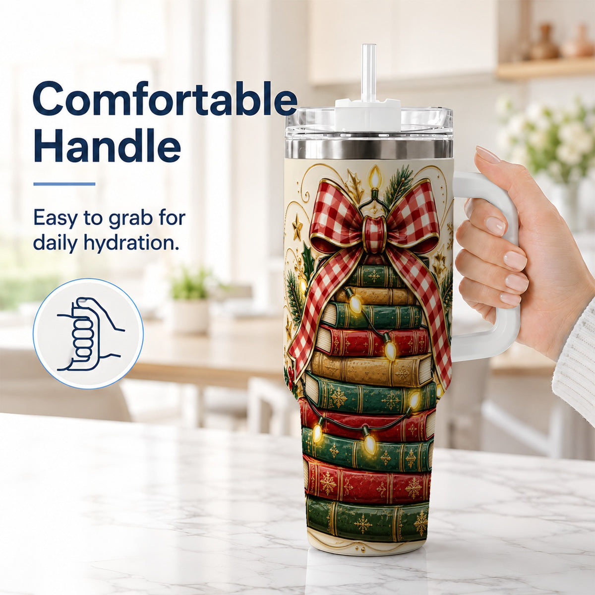 #pl[40oz|White] Christmas Book Bow 40oz Tumbler with Handle, Reading Travel Cup