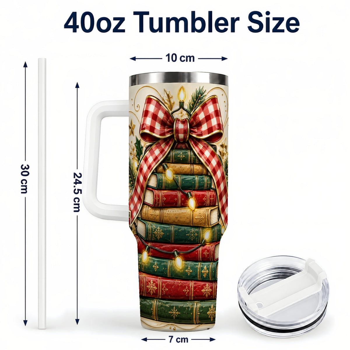 #pl[40oz|White] Christmas Book Bow 40oz Tumbler with Handle, Reading Travel Cup