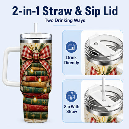 #pl[40oz|White] Christmas Book Bow 40oz Tumbler with Handle, Reading Travel Cup