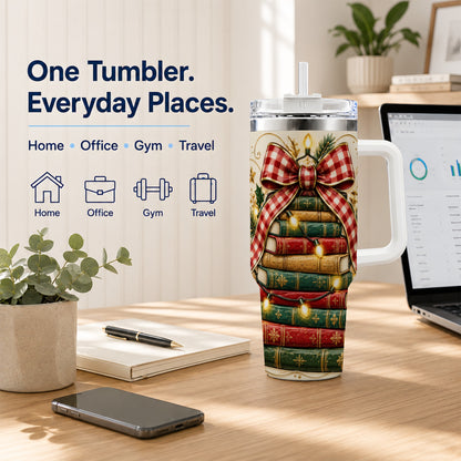 Christmas Book Bow 40oz Tumbler with Handle, Reading Travel Cup