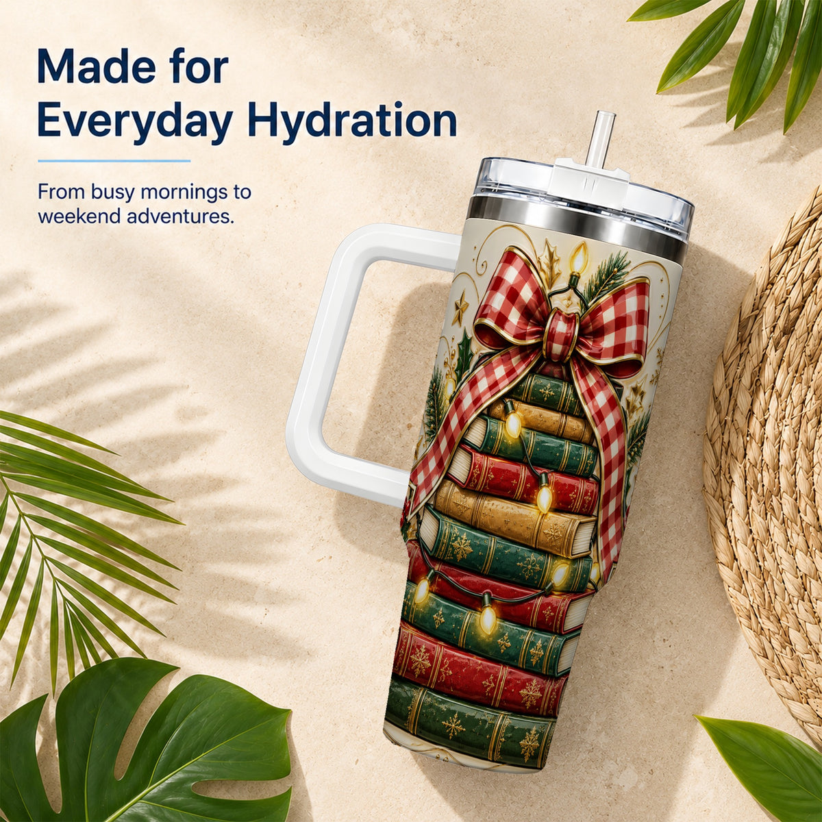 Christmas Book Bow 40oz Tumbler with Handle, Reading Travel Cup