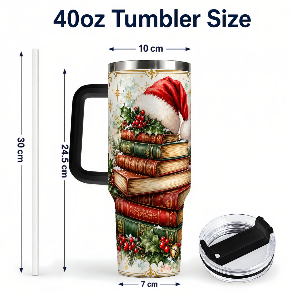 #pl[40oz|Black] Santa Hat Books 40oz Tumbler with Handle, Christmas Reading Travel Cup