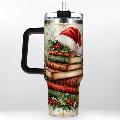 #pl[40oz|Black] Santa Hat Books 40oz Tumbler with Handle, Christmas Reading Travel Cup