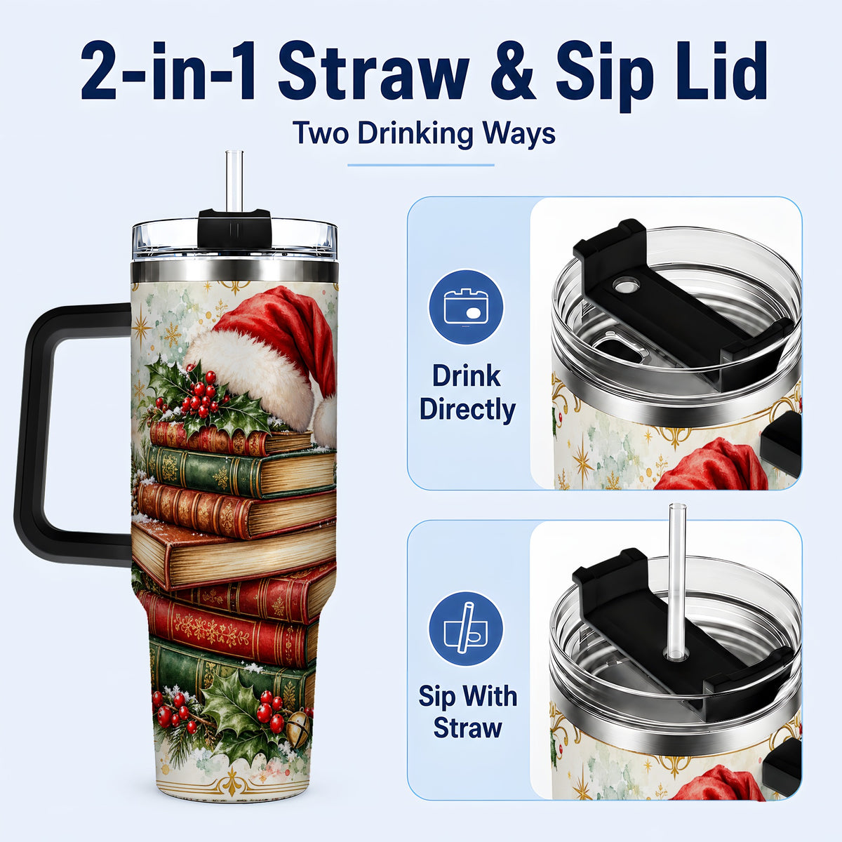 #pl[40oz|Black] Santa Hat Books 40oz Tumbler with Handle, Christmas Reading Travel Cup